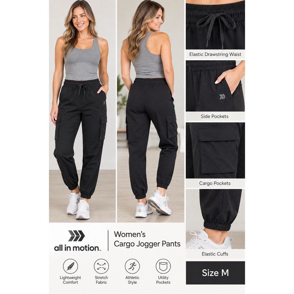 All in Motion Women's Size M Black Athletic Cargo Jogger Pants Stretch High Rise